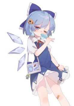 1girl absurdres bag bandaid bandaid_on_leg blue_dress blue_eyes blue_hair blush bow bowtie character_doll cirno commentary_request cowboy_shot detached_wings doll dress flower food food_in_mouth gumingdi_ban hair_flower hair_ornament hair_ribbon highres holding holding_food holding_popsicle ice ice_wings one_eye_closed popsicle ribbon short_hair shoulder_bag solo standing sunflower touhou white_background wings wristband