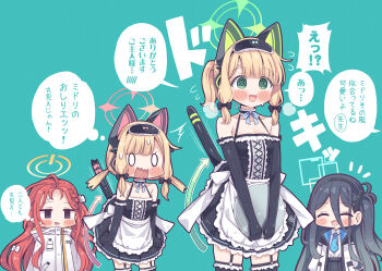 Rule 34 | 0 0, 4girls, :d, @ @, ^^^, ^ ^, animal ear headphones, animal ears, apron, aqua halo, aris (blue archive), arrow (symbol), back bow, bare shoulders, black bow, black dress, black gloves, black hair, black hairband, black skirt, black thighhighs, blonde hair, blue archive, blue jacket, blue necktie, blue ribbon, blush, bow, braid, breasts, cat ear headphones, cat ears, closed eyes, collarbone, collared shirt, commentary request, cowboy shot, cross-laced clothes, cross-laced dress, detached collar, dress, elbow gloves, fake animal ears, flying sweatdrops, forehead, frilled apron, frilled dress, frilled gloves, frilled thighhighs, frills, game development department (blue archive), garter straps, glove bow, gloves, green background, green eyes, green halo, hair between eyes, hair bow, hairband, halo, headphones, highres, holding, holding tray, hood, hood down, hooded jacket, jacket, jitome, long bangs, long hair, long hair between eyes, long sidelocks, long sleeves, low-tied sidelocks, maid, maid apron, midori (blue archive), momoi (blue archive), multicolored jacket, multiple girls, neck ribbon, necktie, number print, one side up, open clothes, open jacket, open mouth, parted bangs, pink halo, pleated dress, ponytail, power symbol, prototype design, purple eyes, rectangular halo, red hair, ribbon, shirt, shirt tucked in, short hair, short ponytail, short twintails, siblings, sidelocks, simple background, sisters, skirt, sleep mask, sleeveless, sleeveless dress, small breasts, smile, speech bubble, stiff tail, sweat, tail raised, takahero, tareme, thighhighs, thought bubble, translation request, tray, triangle mouth, twins, twintails, v arms, very long hair, wavy mouth, white apron, white bow, white jacket, white shirt, yellow halo, yuzu (blue archive)