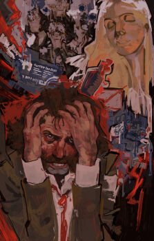 Rule 34 | 1boy, 1girl, absurdres, artist request, bags under eyes, blazer, blonde hair, brown hair, clenched teeth, closed eyes, collared shirt, disco elysium, dolores dei, facial hair, green eyes, green jacket, hand on own forehead, harry du bois, highres, id card, jacket, long hair, looking at viewer, mutton chops, necktie, red necktie, shirt, short hair, teeth, white shirt