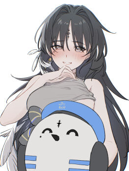 1girl bare_shoulders black_eyes black_hair blush breasts clothes_lift commentary_request earrings embarrassed feather_hair hair_intakes highres jewelry kohane_kun long_hair looking_at_viewer mole mole_under_eye navel no_bra parted_lips shirt_lift signature simple_background smile solo stomach tacet_mark_(wuthering_waves) underboob upper_body white_background wuthering_waves yangyang_(bird)_(wuthering_waves) yangyang_(wuthering_waves)