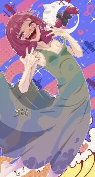 1girl @_@ absurdres artist_name black_bow black_nails blue_background blunt_bangs blush bocchi_the_rock! bow braid braided_ponytail breasts commentary crescent_moon dress english_commentary eyelashes fingernails full_body green_dress hair_bow half-closed_eyes hands_up highres hiroi_kikuri long_hair looking_at_viewer moon moon_with_face nail_polish open_mouth outline purple_eyes purple_hair sharp_teeth sleeveless sleeveless_dress small_breasts smile solo sparkle strap_slip sundress sweat teeth wanderjegson white_outline