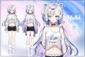 1girl animal_ear_headphones animal_ears anmi black_choker black_shorts blue_streaks cat_ear_headphones cat_ears choker commentary_request dolphin_shorts fake_animal_ears headphones hebi_(vtuber) highres indie_virtual_youtuber jacket korean_commentary long_hair long_sleeves loose_socks low_ponytail multicolored_hair navel ponytail purple_jacket reference_sheet shirt shorts single_off_shoulder socks streaked_hair white_hair white_shirt