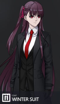 Rule 34 | 1girl, absurdres, agent 47, agent 47 (cosplay), black gloves, black pants, black suit, breasts, business suit, cosplay, formal clothes, girls' frontline, gloves, half updo, highres, hitman (game), long hair, long sleeves, lzypoipoi, medium breasts, necktie, one side up, pants, purple hair, red eyes, red necktie, solo, suit, wa2000 (girls' frontline)