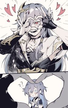 Rule 34 | 2girls, ?, ??, absurdres, black choker, black gloves, blue eyes, chinese clothes, choker, commentary, english commentary, fingerless gloves, four-finger heart hands, fu hua, fu hua (azure empyrea), fu hua (taixuan impression), gloves, grey hair, heart, heart hands, herrscher of sentience, highres, honkai (series), honkai impact 3rd, kazuya (kozun), long hair, multiple girls, red eyes, single fingerless glove, smile