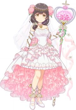 1girl bare_shoulders breasts bridal_veil brown_eyes brown_hair cleavage collarbone crystal dress elbow_gloves flower frilled_dress frills full_body game_cg gloves hair_flower hair_ornament hair_over_shoulder heart high_heels highres holding holding_staff large_breasts looking_at_viewer low_side_ponytail medium_dress non-web_source official_art ongeki overskirt pink_flower ponytail sakurai_haruna_(ongeki) shoes short_ponytail simple_background solo staff strapless strapless_dress transparent_background veil white_dress white_gloves white_shoes