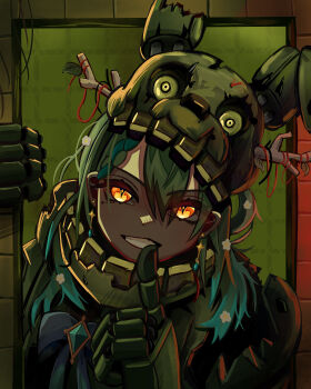 1girl absurdres alternate_costume animatronic aqua_hair bow braid ceres_fauna cosplay doorway finger_to_mouth five_nights_at_freddy&#039;s five_nights_at_freddy&#039;s_3 flower gem gradient_hair green_hair grin hair_between_eyes hair_flower hair_ornament highres hololive hololive_english horns multicolored_hair smile springtrap springtrap_(cosplay) virtual_youtuber yellow_eyes yume_(yume_ato29)