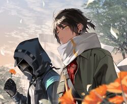 Rule 34 | 1boy, 1other, alternate costume, arknights, black gloves, black hair, black jacket, blurry, blurry foreground, building, carnation, commentary, dark-skinned male, dark skin, doctor (arknights), earclip, flower, frown, gloves, gradient sky, green jacket, highres, hishoti cheese, holding, holding flower, hood, hooded jacket, jacket, leaf, looking at viewer, looking down, mask, navel, orange flower, outdoors, red shirt, scarf, shirt, short ponytail, sky, thorns (arknights), tree, upper body, white scarf, white shirt, yellow eyes