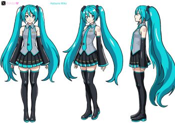 1girl aqua_eyes aqua_hair aqua_necktie aqua_trim artist_name bare_shoulders black_boots black_skirt black_sleeves boots character_name clidzs commentary detached_sleeves english_commentary full_body grey_shirt hair_between_eyes hair_ornament hatsune_miku heart highres long_hair looking_at_viewer looking_to_the_side necktie number_tattoo pleated_skirt reference_sheet shirt shoulder_tattoo skindentation skirt sleeves_past_wrists tattoo thigh_boots thighhighs tie_clip twintails twitter_username twitter_x_logo very_long_hair vocaloid white_background wide_sleeves wing_collar zettai_ryouiki