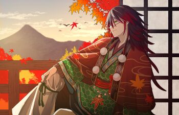 1boy autumn autumn_leaves closed_mouth glasses gradient_hair green_eyes hair_between_eyes highres indoors japanese_clothes komugiko_(komugiu08) kurama_(rune_factory) leaf long_hair looking_at_viewer male_focus mountainous_horizon multicolored_hair red_hair rune_factory rune_factory:_guardians_of_azuma wide_sleeves