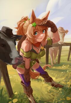 1girl animal_ears armband bandana bandeau bare_shoulders blue_eyes blue_sky boots breasts brown_boots brown_gloves brown_hair closed_mouth cloud colt_single_action_army cow cowboy_hat fence field gloves grass green_armband green_bandeau green_skirt gun hair_ornament handgun hat hat_on_back highres holstered horse_ears horse_girl horse_tail koicoyart large_breasts leaning_forward long_hair looking_at_viewer midriff nostrils ponytail purple_thighhighs red_bandana revolver sheriff_badge skirt sky smile star_(symbol) star_hair_ornament taiki_shuttle_(umamusume) taiki_shuttle_(wild_frontier)_(umamusume) tail thighhighs tongue tongue_out umamusume weapon