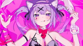 Rule 34 | 1girl, :3, :q, alternate costume, alternate hairstyle, animal ear fluff, animal ears, arm strap, bare shoulders, bed sheet, black leotard, blush, bow, bowtie, breasts, card, cat ears, cat girl, cleavage, collarbone, colored inner hair, commentary request, cuffs, detached collar, facial mark, fake animal ears, hair ornament, hairband, hairclip, halterneck, handcuffs, heart, heart hair ornament, hololive, leotard, looking at viewer, lying, multicolored hair, nail polish, necktie, nekomata okayu, nekomata okayu (artist), official art, on back, pink bow, pink bowtie, pink hair, pink hairband, pink necktie, playboy bunny, playing card, purple eyes, purple hair, rabbit ears, rabbit hole (vocaloid), second-party source, setokane, short necktie, solo, strapless, strapless leotard, teardrop facial mark, tongue, tongue out, twintails, virtual youtuber, vocaloid, wing collar, x hair ornament