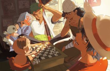 5boys absurdres blue_shirt chess_piece commentary curly_hair going_merry green_hair haramaki hat highres long_nose looking_at_viewer male_focus monkey_d._luffy multiple_boys one_piece playing_chess roronoa_zoro sanji_(one_piece) scar scar_on_face shirt short_hair sleeping sleeping_on_person straw_hat sword syiss tony_tony_chopper usopp wanted_poster weapon wristband
