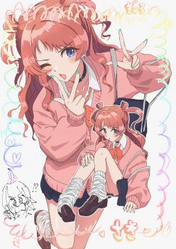 !? 2girls absurdres bag black_choker black_skirt bow bowtie brown_hair brown_shoes cardigan character_name choker commentary_request double_w fingernails gakuen_idolmaster gyaru hanami_saki hanami_ume highres idolmaster iwashi_neko knees_up kogal looking_at_another loose_bowtie loose_socks miniskirt multiple_girls multiple_views nail_polish open_collar orange_bow orange_bowtie pink_cardigan pleated_skirt school_bag shirt shoes sitting skirt socks standing standing_on_one_leg translation_request two_side_up w w_over_mouth white_shirt white_socks