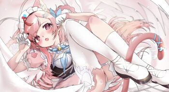 1girl ahoge animal_ears ass asymmetrical_legwear bell blue_bow blue_ribbon blush bow bow_legwear braid breasts cat_ears cat_girl cat_hair_ornament cat_tail claw_pose commentary dress extra_ears fang garter_straps gloves hair_bow hair_ornament hairclip heart heart_print highres indie_virtual_youtuber jingle_bell knees_up large_breasts long_hair lying maid maid_headdress neck_bell neck_ribbon on_back open_mouth panties pink_bow pink_dress pink_eyes pink_hair pink_tail rabiina_(honey7quartz) ribbon shoes short_sleeves single_garter_strap single_sock single_thighhigh skin_fang socks solo star_(symbol) star_hair_ornament tail tail_ornament tail_ribbon thighhighs thighs two_side_up underwear uneven_legwear virtual_youtuber white_dress white_garter_straps white_gloves white_panties white_shoes white_socks white_thighhighs white_wings wings yuuki_sakuna yuuki_sakuna_(3rd_costume)