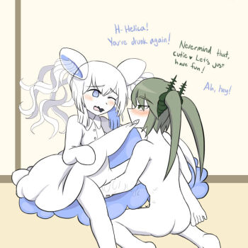 2girls ass barefoot blue_eyes blue_hair blush bottomless buttons carniccity collared_dress colored_skin completely_nude dress english_text feet femdom fingering from_behind from_side funamusea green_eyes green_hair hair_ornament helica_(funamusea) jellyfish_girl long_hair multicolored_hair multiple_girls nude one_eye_closed oounabara_to_wadanohara open_mouth pulmo_(funamusea) rape source_request teeth twintails two-tone_hair white_dress white_hair white_skin yuri