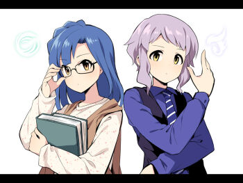 Rule 34 | 2girls, adjusting eyewear, black-framed eyewear, black vest, blue hair, blue necktie, blue shirt, book, braid, brown eyes, closed mouth, collared shirt, commentary request, cosplay, crown braid, curtained hair, diagonal-striped clothes, diagonal-striped necktie, glasses, hand up, hidari shoutarou, hidari shoutarou (cosplay), hugging object, idolmaster, idolmaster million live!, kamen rider, kamen rider w, letterboxed, long hair, long sleeves, looking at viewer, makabe mizuki, multiple girls, nanao yuriko, necktie, philip (kamen rider), philip (kamen rider) (cosplay), purple hair, revision, shirt, simple background, striped clothes, uccow, upper body, vest, white background, white shirt