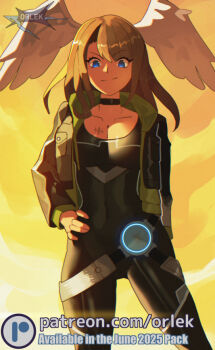 1girl black_bodysuit black_choker black_jacket blue_eyes bodysuit breast_tattoo breasts brown_hair choker cleavage eunie_(xenoblade) head_wings hood jacket large_breasts long_hair looking_at_viewer medium_hair open_clothes orlek simple_background smile solo tattoo white_wings wings xenoblade_chronicles_(series) xenoblade_chronicles_3
