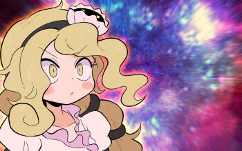 1girl :&lt; black_hairband blush_stickers brown_hair collarbone commentary_request eyelashes hairband highres kurachi_mizuki long_hair looking_ahead meme motion_blur shirt solo space_cat_(meme) touhou upper_body very_long_hair watari_nina white_shirt