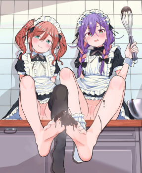 2girls absurdres apron aqua_eyes barefoot black_dress black_ribbon black_thighhighs blush bowl braid braided_twintails brown_hair brown_ribbon censored chocolate_on_foot cleft_of_venus closed_mouth double-parted_bangs dress feet full_body hair_ribbon hand_up highres holding holding_whisk indoors iroha_nanairo_(urushiushiru) loli long_hair looking_at_viewer maid maid_apron maid_headdress medium_hair michimori_karen_(urushiushiru) mosaic_censoring multicolored_hair multiple_girls neck_ribbon no_panties on_counter open_mouth original purple_hair pussy raised_inner_eyebrows red_eyes ribbon short_dress short_sleeves single_sock single_thighhigh sitting smile socks soles split_mouth streaked_hair thighhighs tile_wall tiles twin_braids twintails urushiushiru variant_set wavy_mouth whisk white_apron white_socks white_wrist_cuffs wrist_cuffs
