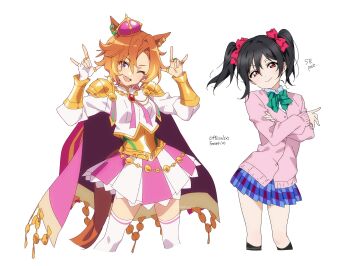 2girls animal_ears black_hair breadrye capelet crown highres horse_ears horse_girl looking_at_viewer love_live! love_live!_school_idol_project miniskirt multiple_girls nico_nico_nii orange_hair purple_capelet purple_eyes red_eyes school_uniform skirt t.m._opera_o_(umamusume) tokui_sora twintails umamusume voice_actor_connection white_background yazawa_nico