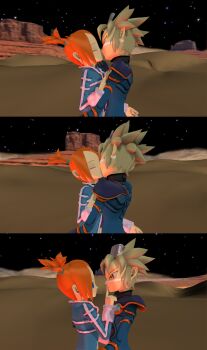 1boy 1girl 3d bad_id bad_pixiv_id blue_eyes closed_eyes comic dessert finger_to_another&#039;s_mouth food hand_on_another&#039;s_shoulder headgear hetero highres jacket kiss looking_at_another night night_sky nintendo open_clothes open_jacket orange_hair outdoors pokemon pokemon_colosseum rui_(pokemon) sequential short_hair silver_hair sky twintails wes_(pokemon) yellow_eyes