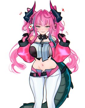 Rule 34 | 1girl, absurdres, arknights, arknights: endfield, bare shoulders, black gloves, black horns, blush, chromatic aberration, commentary, cowboy shot, crop top, daria (user hktv8452), english commentary, gloves, green eyes, green hair, green tail, groin, hair intakes, hands up, heart, highres, horns, leggings, long hair, long sleeves, looking at viewer, midriff, mixed-language commentary, multicolored hair, navel, notice lines, pink gloves, pink hair, pink horns, pointy ears, simple background, smile, solo, standing, streaked hair, tail, twitter username, watermark, white background, white leggings, yvonne (arknights)