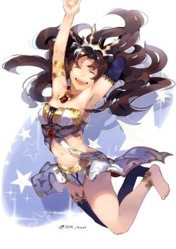 anklet armlet black_hair breasts closed_eyes commentary_request crown fate/grand_order fate_(series) full_body gold_anklet gold_armlet highres idk-kun ishtar_(fate) jewelry long_hair medium_breasts midriff navel single_thighhigh skirt smile star_(symbol) thighhighs
