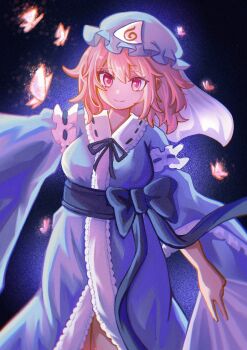 Rule 34 | 1girl, blue hat, blue kimono, blue ribbon, breasts, bug, butterfly, closed mouth, commentary request, cowboy shot, hair between eyes, hat, insect, japanese clothes, kimono, looking at viewer, medium hair, mob cap, pink butterfly, pink hair, ribbon, saigyouji yuyuko, smile, so3, solo, touhou, veil, wide sleeves