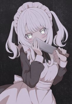 1girl absurdres apron black_background black_dress black_ribbon commentary_request cowboy_shot dress grey_eyes hair_ribbon heart heart-shaped_pupils highres holding holding_knife knife looking_at_viewer maid maid_headdress mamiro neck_ribbon original ribbon sidelocks solo symbol-shaped_pupils twintails white_apron