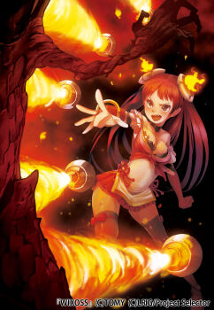 1girl 1other black_thighhighs breasts character_request cleavage copyright_notice fire highres kousaku long_hair looking_at_viewer medium_breasts official_art open_mouth red_hair solo thighhighs tree wixoss yellow_eyes