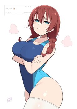 1girl aqua_eyes arms_under_breasts blue_eyes blue_one-piece_swimsuit blush braid breasts brown_hair competition_swimsuit covered_navel crossed_arms emma_verde from_side frown hair_over_shoulder highres kooei large_breasts love_live! love_live!_nijigasaki_high_school_idol_club medium_hair one-piece_swimsuit red_hair request_inset skindentation solo standing sweat swimsuit thick_thighs thighhighs thighs twin_braids white_background white_thighhighs