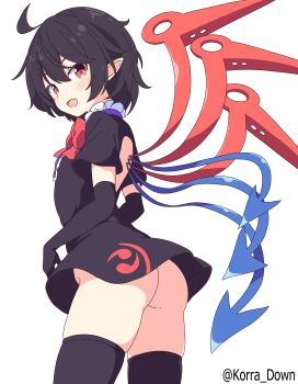 1girl absurdres ass asymmetrical_wings black_dress black_hair black_thighhighs commentary cowboy_shot dress fang from_side highres houjuu_nue korra_down looking_at_viewer no_panties pointy_ears red_eyes short_dress short_hair simple_background skin_fang smile solo thighhighs touhou white_background wings