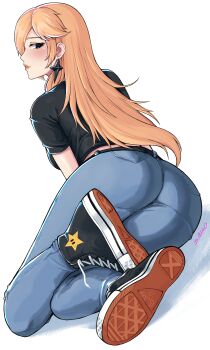 1girl absurdres alternate_costume artist_name ass ass_focus belt black_belt black_shirt blonde_hair blue_eyes casual colored_shoe_soles commentary denim earrings eyelashes from_behind high_tops highres jeans jewelry light_blush long_hair looking_at_viewer looking_back luma_(mario) mario_(series) nintendo pants rosalina saiko_(saikoart) shirt shoe_soles shoes simple_background sneakers star_(symbol) star_earrings white_background