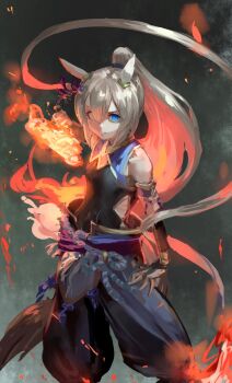 1girl animal_ears baggy_pants bare_shoulders black_shirt blue_eyes blue_pants breasts chanchanko_(clothes) ear_covers ear_ornament grey_hair grey_tail high-waist_pants highres horse_ears horse_girl horse_tail inishie_kumo jewelry long_hair looking_at_viewer official_alternate_costume pants ponytail rope shimenawa shirt sleeveless sleeveless_shirt solo tail tamamo_cross_(fierce_thunder_god)_(umamusume) tamamo_cross_(umamusume) umamusume very_long_hair