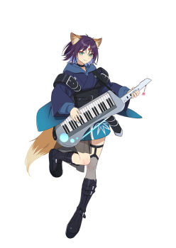 1girl animal_ear_fluff animal_ears black_boots black_choker blue_hoodie boots cho_kaguya-hime! choker closed_mouth eyeshadow fishnet_thighhighs fishnets forehead_jewel fox_ears fox_tail full_body green_eyes highres holding holding_instrument hood hood_down hoodie instrument japanese_clothes keytar long_sleeves looking_at_viewer makeup official_art parted_bangs purple_hair red_eyeshadow sakayori_iroha second-party_source short_hair simple_background smile solo standing standing_on_one_leg tachi-e tail thigh_strap thighhighs white_background