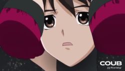 animated anime_screenshot aono_tsukune audible_speech between_breasts blue_hair blush breasts brown_eyes brown_hair close-up demon_girl dress earrings english_audio head_between_breasts jewelry kurono_ageha large_breasts lipstick makeup mature_female purple_eyes red_dress rosario+vampire sound video