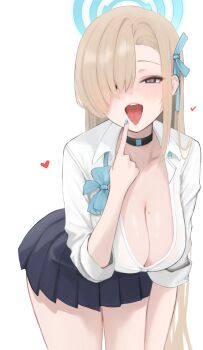 1girl asuna_(blue_archive) asuna_(school_uniform)_(blue_archive) blonde_hair blue_archive blue_bow blue_bowtie blue_eyes blue_halo blue_ribbon blue_skirt blush bow bowtie breasts choker cleavage collarbone finger_to_mouth hair_over_one_eye hair_ribbon halo heart heart-shaped_pupils highres kneeling large_breasts long_hair looking_at_viewer mole mole_on_breast nullkurage open_mouth pleated_skirt ribbon saliva shirt skirt sleeves_rolled_up solo symbol-shaped_pupils thighs tongue tongue_out unworn_bowtie very_long_hair white_shirt