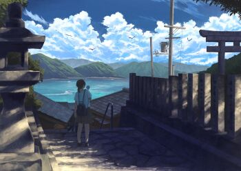 1girl backpack bag bird black_hair blue_sky building cloud commentary_request cumulonimbus_cloud day gensuke_(ryun) grey_shorts harbor highres house landscape mountainous_horizon ocean original outdoors ponytail railing rooftop scenery shirt shorts shrine sky solo stairs t-shirt torii white_shirt