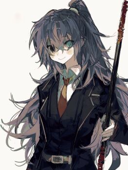 Rule 34 | 1boy, belt, black vest, chinese commentary, collared shirt, commentary request, guan dao, hair between eyes, half updo, highres, hong lu (project moon), limbus company, long hair, looking at viewer, male focus, necktie, polearm, project moon, purple hair, red necktie, shirt, very long hair, vest, weapon, wei jinying, white background