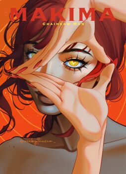 1girl chainsaw_man eyelashes hashtag-only_commentary highres lips makima_(chainsaw_man) own_hands_together portrait red_background red_hair red_nails ringed_eyes solo zeebythesea