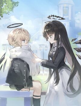 1boy 1girl arknights black_jacket black_skirt blonde_hair blue_eyes blue_sky broken_halo building cloud commentary_request cousins executor_(arknights) executor_(young)_(arknights) feet_out_of_frame from_side grey_shorts halo jacket lamppost long_hair mole mole_under_eye on_bench outdoors pimi scarf short_hair shorts sitting skirt sky smile tree virtuosa_(arknights) virtuosa_(young)_(arknights) white_scarf white_skirt wings