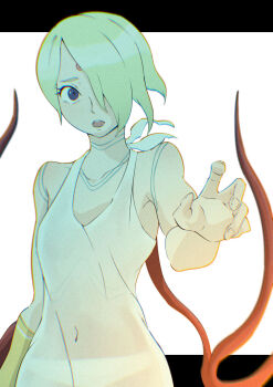 Rule 34 | 014meran, 1girl, breath of fire, breath of fire v, dress, facial mark, full-body tattoo, green hair, hair over one eye, highres, jewelry, looking at viewer, navel, nina (breath of fire v), open mouth, panties, reaching, reaching towards viewer, red wings, short hair, solo, tattoo, underwear, white dress, white panties, wings