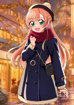 1girl alternate_costume anime_coloring bag bare_tree belt_buckle beret black_bag black_hat blue_coat breath buckle buttons cityscape coat commentary cowboy_shot dot_nose dress eyelashes gold_buttons green_eyes happy hat highres hirogaru_sky!_precure layered_sleeves light-skinned_palms light_blush long_hair long_sleeves momotarouooi night nijigaoka_mashiro open_mouth orange_hair outdoors pom_pom_hat_ornament precure red_scrunchie road scrunchie short_dress shoulder_bag sidelocks sidewalk sleeve_belt smile solo standing street tareme teeth tree upper_teeth_only very_long_hair watermark wavy_hair white_dress winter winter_clothes winter_coat