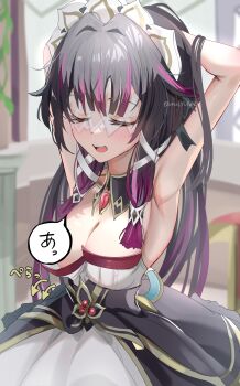adjusting_hair armpits arms_up arrow_(symbol) black_hair blush breast_slip breasts chuuna_(unagiunazy) closed_eyes columbina_(genshin_impact) commentary convenient_censoring cosplay detached_collar dress eye_mask genshin_impact highres long_hair mask medium_breasts multicolored_hair open_mouth purple_hair sandrone_(genshin_impact) sandrone_(genshin_impact)_(cosplay) speech_bubble teeth upper_teeth_only wardrobe_malfunction