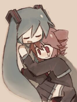 2girls comforting crying crying_with_eyes_open detached_sleeves drill_hair hatsune_miku hug kasane_teto long_hair long_sleeves meltypen miniskirt multiple_girls pleated_skirt red_eyes red_hair sitting skirt sleeves_past_fingers sleeves_past_wrists tears twin_drills twintails utau very_long_hair vocaloid wavy_mouth