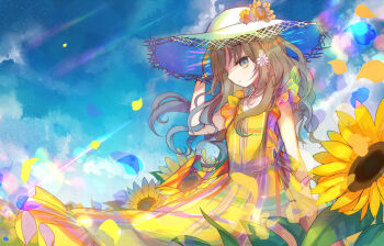 1girl blonde_hair blue_eyes brown_hair closed_mouth cloud commentary_request dress field flower flower_field flower_on_head hand_on_own_head hat kazu_(muchuukai) looking_to_the_side original outdoors petals plaid_clothes plaid_dress sky solo standing straw_hat sunflower sunflower_field sunlight wind yellow_dress