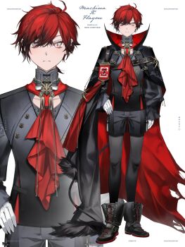 Rule 34 | 1boy, absurdres, ascot, bishounen, black pantyhose, black shorts, closed mouth, english text, full body, gloves, highres, holostars, holostars english, id card, looking at viewer, machina x flayon, male focus, pantyhose, red ascot, red hair, shokuen (oxstl), short hair, shorts, simple background, solo, virtual youtuber, white background, white gloves, zoom layer