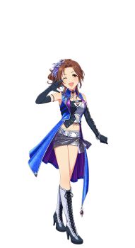 Rule 34 | 1girl, belt, boots, breasts, brown hair, cleavage, forehead, full body, gloves, hand up, high heel boots, high heels, idol clothes, idolmaster, idolmaster cinderella girls, idolmaster cinderella girls starlight stage, kawashima mizuki, lace-up boots, navel, official art, one eye closed, open mouth, skirt, solo, transparent background