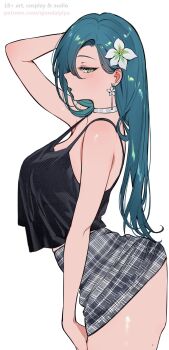 1girl ankle_strap aqua_hair arm_up ass ass_press bare_arms bare_shoulders black_shirt breasts checkered_clothes checkered_skirt choker commentary earrings english_commentary english_text eyelashes facing_ahead flower from_side green_eyes grey_skirt hair_flower hair_ornament hair_over_one_eye hand_on_own_thigh hand_up highres jewelry large_breasts long_hair looking_at_viewer mole mole_on_arm mole_on_thigh original paid_reward_available parted_bangs parted_lips patreon_username profile qiandaiyiyu rin_(qiandaiyiyu) see-through_clothes see-through_shirt shirt sideways_glance silver_choker silver_earrings simple_background skirt skirt_hold solo standing strappy_heels thighs white_background white_shirt