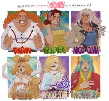 Rule 34 | 6+girls, ^ ^, apron, aqua hair, bellemere, blonde hair, blue eyes, blush, character name, cigarette, closed eyes, coat, commentary, crop top, curly dadan, curly hair, earrings, eating, english commentary, hagoromo, hair over one eye, highres, hoop earrings, itzjazzyjazzin, japanese clothes, jewelry, kimono, kouzuki toki, long hair, looking at viewer, multiple drawing challenge, multiple girls, necklace, nico olvia, one piece, open mouth, orange hair, otohime (one piece), pearl necklace, red hair, shawl, shirt, six fanarts challenge, smile, vinsmoke sora, white hair, white shirt, wide sleeves, yellow apron